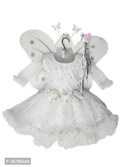 Baby girls Fancy Net frock  Pari Dress| Butterfly Frock Dress with Wings, Fairy Stick and Head Band White