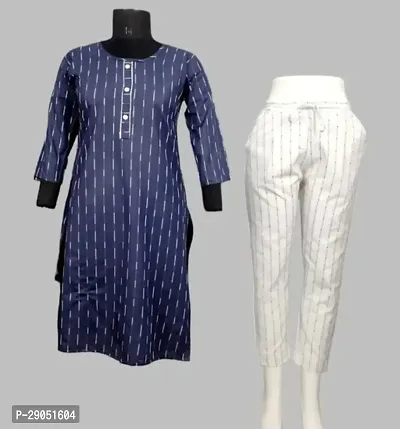 Stylish Blue Cotton Kurta With Pant And Dupatta Set For Women