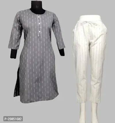 Stylish Grey Cotton Kurta With Pant And Dupatta Set For Women-thumb0