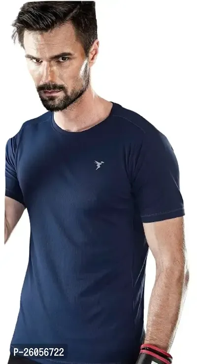 Stylish Navy Blue Nylon Solid Tees For Men