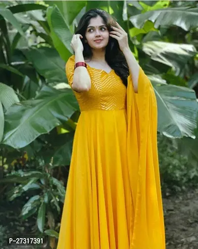 Mustard Embroidered Georgette A-Line Gown With Dupatta-thumb0