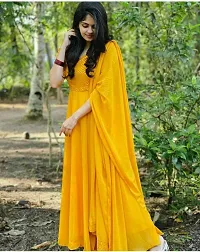 Mustard Embroidered Georgette A-Line Gown With Dupatta-thumb2