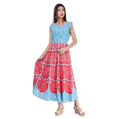 Monique Brand Women's/Girls Cotton Rajasthani Jaipuri Printed Maternity Summer Long Gown Middi Maxi Dress (MD-CHUNARI-HATHI-FJ15_Free Size_)