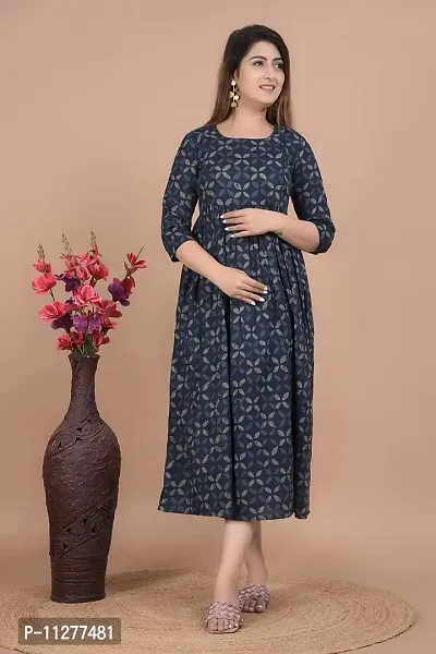 Monique Women?s 100% Cotton Printed Empire Maternity/Easy Breast Feeding Dress/Western Dress with Zippers for Nursing Pre and Post Pregnancy (KR-Blueprint -XXL)-thumb2