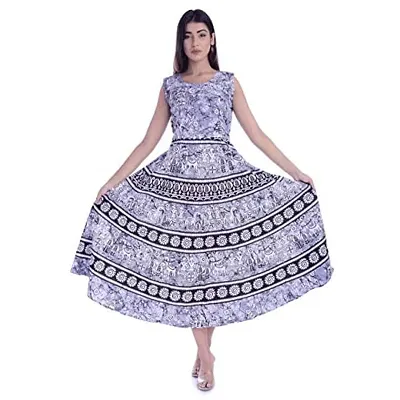 Monique Brand Women's/Girls Cotton Rajasthani Jaipuri Printed Maternity Summer Long Gown Midi Maxi Anarkali Dress (Grey, Free Size, Upto 44XL)