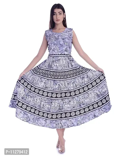 Monique Brand Women's/Girls Cotton Rajasthani Jaipuri Printed Maternity Summer Long Gown Midi Maxi Anarkali Dress (Grey, Free Size, Upto 44XL)-thumb0