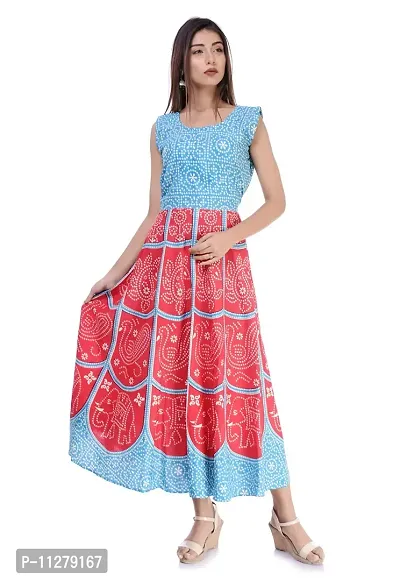 Monique Brand Women's/Girls Cotton Rajasthani Jaipuri Printed Maternity Summer Long Gown Middi Maxi Dress (MD-CHUNARI-HATHI-FJ15_Free Size_)-thumb0