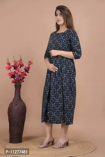 Monique Women?s 100% Cotton Printed Empire Maternity/Easy Breast Feeding Dress/Western Dress with Zippers for Nursing Pre and Post Pregnancy (KR-Blueprint -XXL)-thumb3