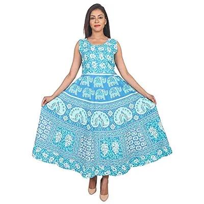 Monique Brand Women's Cotton Rajasthani Jaipuri Printed Maternity Summer Long Gown Midi Maxi Dress (Firozi, MD-PEACOCK-FJ15, Free Size, UPTO44XL)