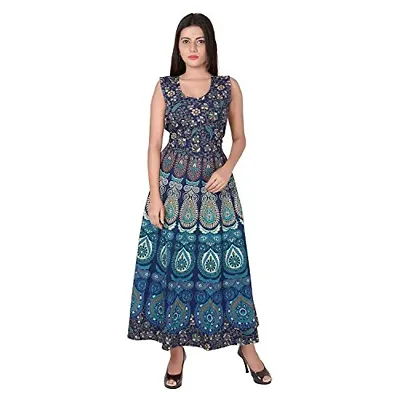 Monique Brand Women's/Girls Cotton Rajasthani Jaipuri Printed Maternity Summer Long Gown Middi Maxi Dress Made in India Product (Free Size_MD-MIRCHI-RG15_UPTO44XL_) Rama Green