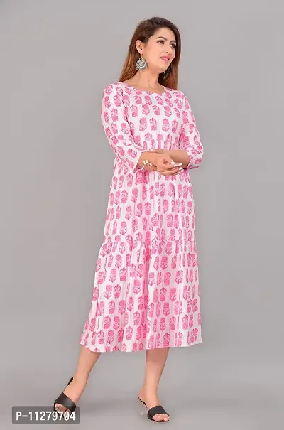 Monique Brand Women's/Girls Rayon Rajasthani Jaipuri Printed Maternity Summer Long Gown Kurta Maxi Dress (MD-WHITEROSE_Free Size_UPTO42XL_)-thumb3