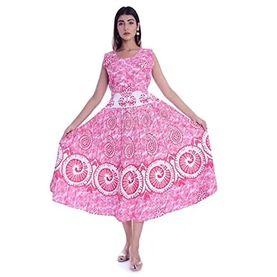 Monique Brand Women's/Girls Cotton Rajasthani Jaipuri Printed Maternity Summer Long Gown Middi Maxi Dress (MDCHAKARIRN15, Pink, Rani, Free Size)