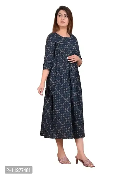 Monique Women?s 100% Cotton Printed Empire Maternity/Easy Breast Feeding Dress/Western Dress with Zippers for Nursing Pre and Post Pregnancy (KR-Blueprint -XXL)-thumb0