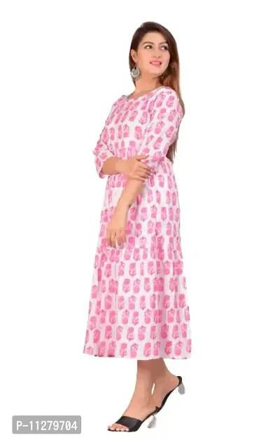 Monique Brand Women's/Girls Rayon Rajasthani Jaipuri Printed Maternity Summer Long Gown Kurta Maxi Dress (MD-WHITEROSE_Free Size_UPTO42XL_)-thumb0