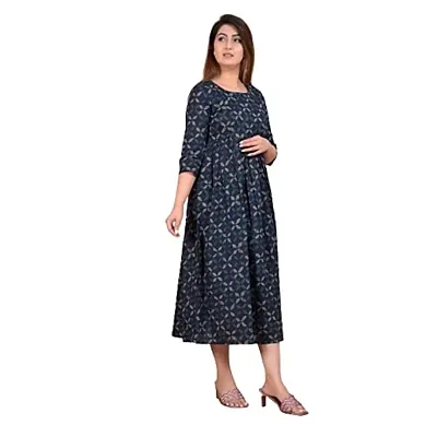 Monique Women?s 100% Cotton Printed Empire Maternity/Easy Breast Feeding Dress/Western Dress with Zippers for Nursing Pre and Post Pregnancy (KR-Blueprint)