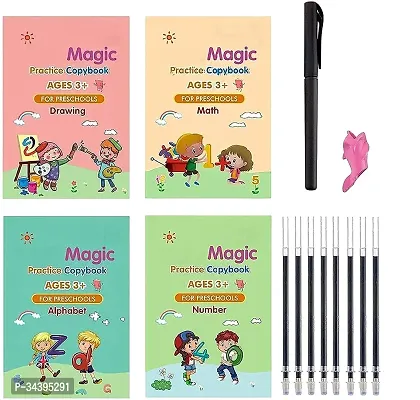 Magic Practice Copybook (4 BOOK + 10 REFILL+ 1 Pen +1 Grip) Number Tracing Book for Preschoolers with Pen, Magic Calligraphy Copybook Set Practical Writing Tool Simple Hand Lettering-thumb0