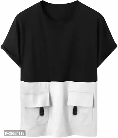 FIONAA TRENDZ Men's Loose Oversized Half Sleeves Round Neck Latest Solid Printed with Pockets T-Shirt(Black  White, M)