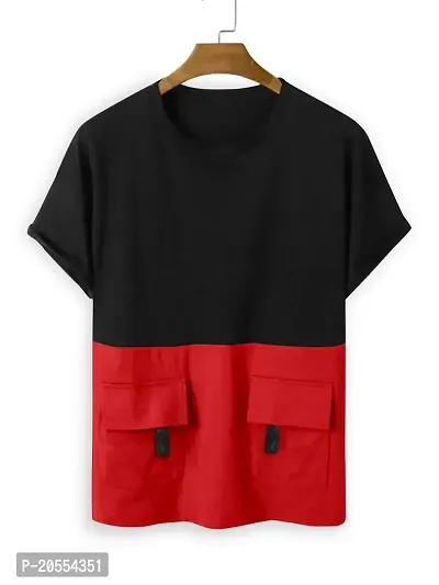 FIONAA TRENDZ Men's Loose Oversized Half Sleeves Round Neck Latest Solid Printed with Pockets T-Shirt(Black  Red, XXL)