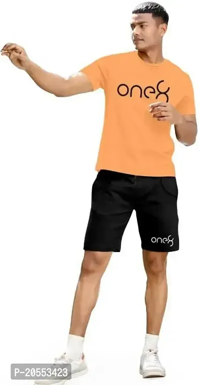 FIONAA TRENDZ Men Basic Solid Round Neck Regular fit T-Shirt and Short Set - Black and Peach, X-Large