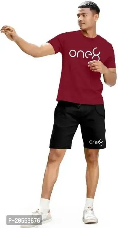 FIONAA TRENDZ Men Basic Solid Round Neck Regular fit T-Shirt and Short Set - Black and Maroon, Medium