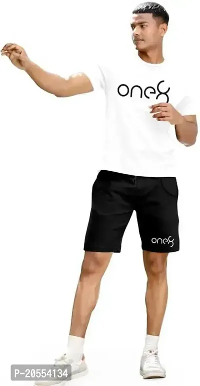 FIONAA TRENDZ Men Basic Solid Round Neck Regular fit T-Shirt and Short Set - Black and White, Large