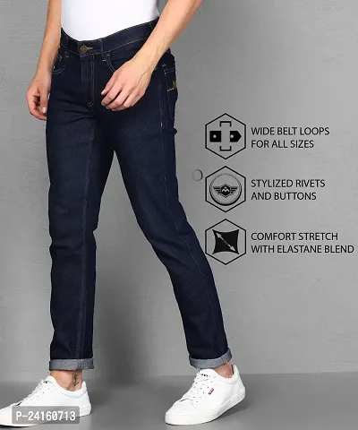 Stylish Navy Blue Cotton Blend Solid Mid-Rise Jeans For Men-thumb2