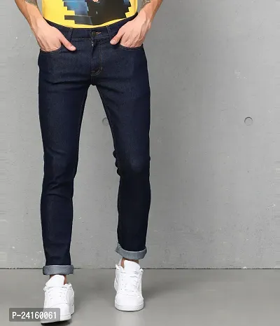 Stylish Navy Blue Cotton Blend Solid Mid-Rise Jeans For Men-thumb0