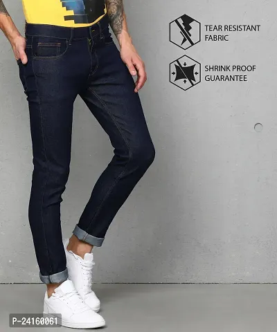 Stylish Navy Blue Cotton Blend Solid Mid-Rise Jeans For Men-thumb5