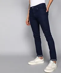 Stylish Navy Blue Cotton Blend Solid Mid-Rise Jeans For Men-thumb2