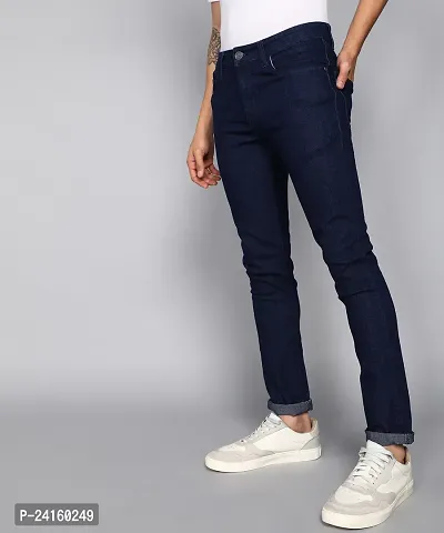 Stylish Navy Blue Cotton Blend Solid Mid-Rise Jeans For Men-thumb3