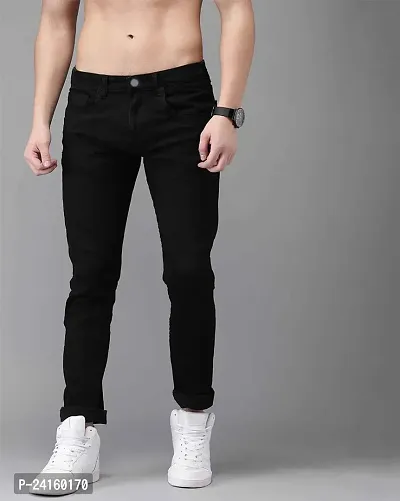 Stylish Black Denim Solid Mid-Rise Jeans For Men