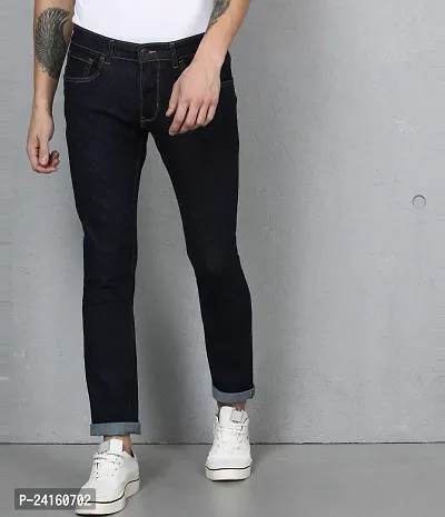 Stylish Navy Blue Cotton Blend Solid Mid-Rise Jeans For Men