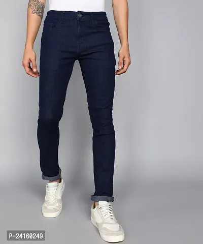 Stylish Navy Blue Cotton Blend Solid Mid-Rise Jeans For Men
