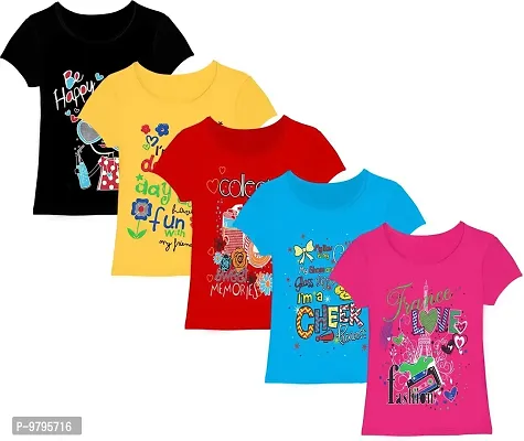 Stylish Fancy Multicoloured Cotton Blend Printed T-Shirts Combo For Kids Girls Pack Of 5-thumb0