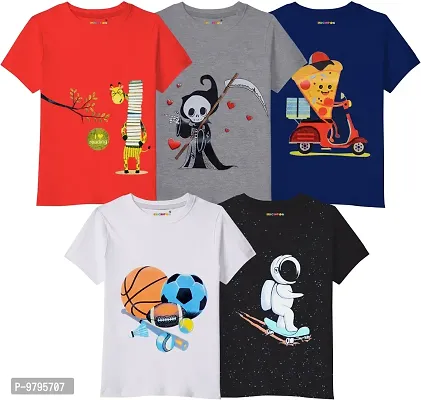 Stylish Fancy Multicoloured Cotton Blend Printed T-Shirts Combo For Kids Boys  Girls Pack Of 5