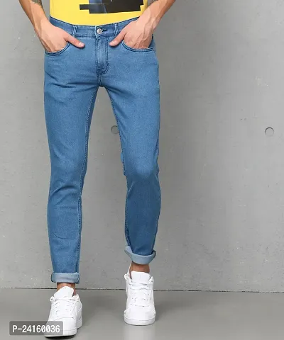 Stylish Blue Cotton Blend Solid Mid-Rise Jeans For Men-thumb0