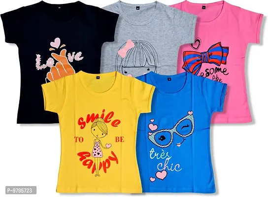 Stylish Fancy Multicoloured Cotton Printed T-Shirts Combo For Kids Girls Pack Of 5
