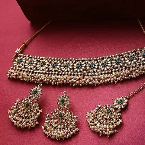 Stylish Alloy Gold Plated Green Jewellery Set For Women