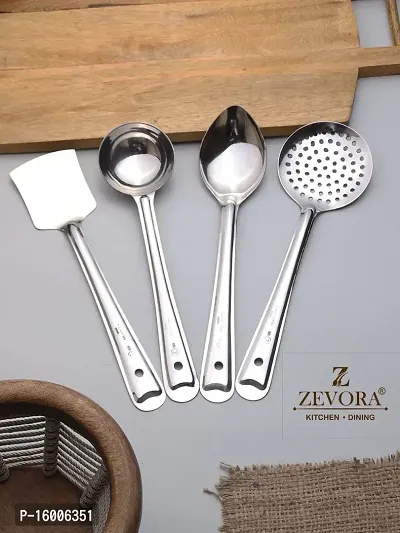 ZEVORA Kitchen Tools Stainless Steel Heavy Gauge Non-Stick 4 Piece Set of Ladle (Karchhi), Skimmer (Jhara), Solid Spoon (Chamcha) and Slotted Turner/Spatula (Palta) for Cooking/Frying/Stirring/Basting-thumb0