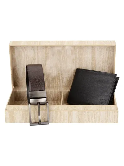 ZEVORA Men Reversible Belt & Black Wallet Combo With Wooden Gift Box 07