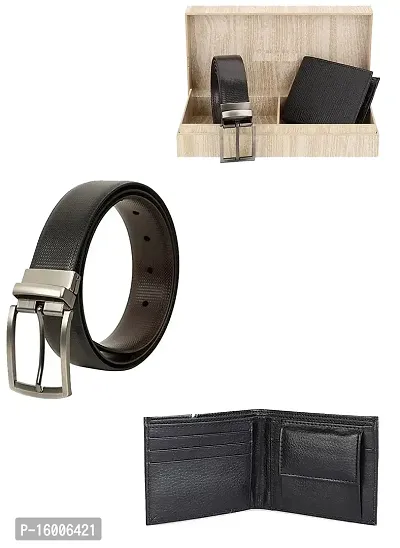 Zevora Men Reversible Belt  Black Wallet Combo With Wooden Gift Box