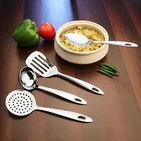 ZEVORA Kitchen Tools Stainless Steel Heavy Gauge Non-Stick 4 Piece Set of Ladle (Karchhi), Skimmer (Jhara), Solid Spoon (Chamcha) and Slotted Turner/Spatula (Palta) for Cooking/Frying/Stirring/Basting-thumb1