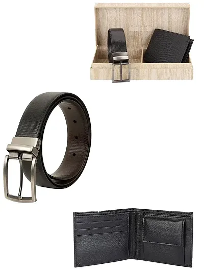 Zevora Men Reversible Belt Black Wallet Combo With Wooden Gift Box