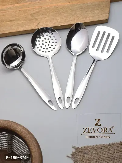 ZEVORA Kitchen Tools Stainless Steel Heavy Gauge Non-Stick 4 Piece Set of Ladle (Karchhi), Skimmer (Jhara), Solid Spoon (Chamcha) and Slotted Turner/Spatula (Palta) for Cooking/Frying/Stirring/Basting-thumb0