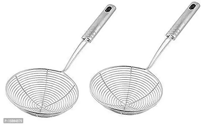 Avmart Stainless Steel Multi Functional Filter Deep Fry Oil Strainer for Kitchen, Jhara Puri Strainer with Stainless Steel Handle (2 PC Set)-thumb4