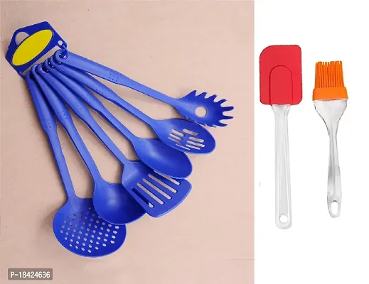 Heat-Resistant Nylon Nonstick Spoon Spatula Turner Scoop Kitchen Cooking Utensil Tools Set 6 Pcs Blue With Silicone Big Spatula And Brush Set.2 Pcs S1