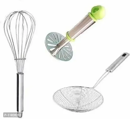 Combo of 3 Pieces, Stainless Steel Potato Vegetable Pav Bhaji Big Masher with SS Whisk,Deep Fry. S1