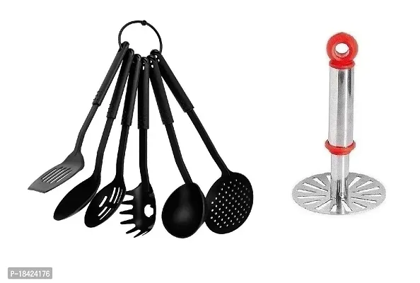 Nylon Heat-Resistant Nonstick Spoon Spatula Turner Scoop Kitchen Cooking Utensil Tools Set 6 Pcs Black Tong  Stainless Steel Pav Bhaji Small Masher.2 Pcs