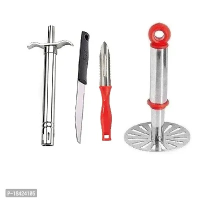 Stainless Steel Gas Lighter With Knife  Plastic Peeler And Stainless Steel Pav Bhaji Small Masher.3 Pcs