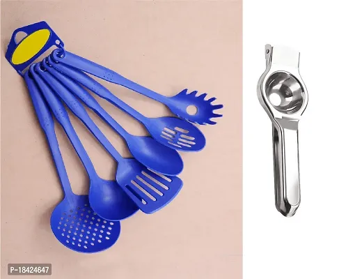 Heat-Resistant Nylon Nonstick Spoon Spatula Turner Scoop Kitchen Cooking Utensil Tools Set 6 Pcs Blue With Stainless Steel Lemon Squazer.2 Pcs S1